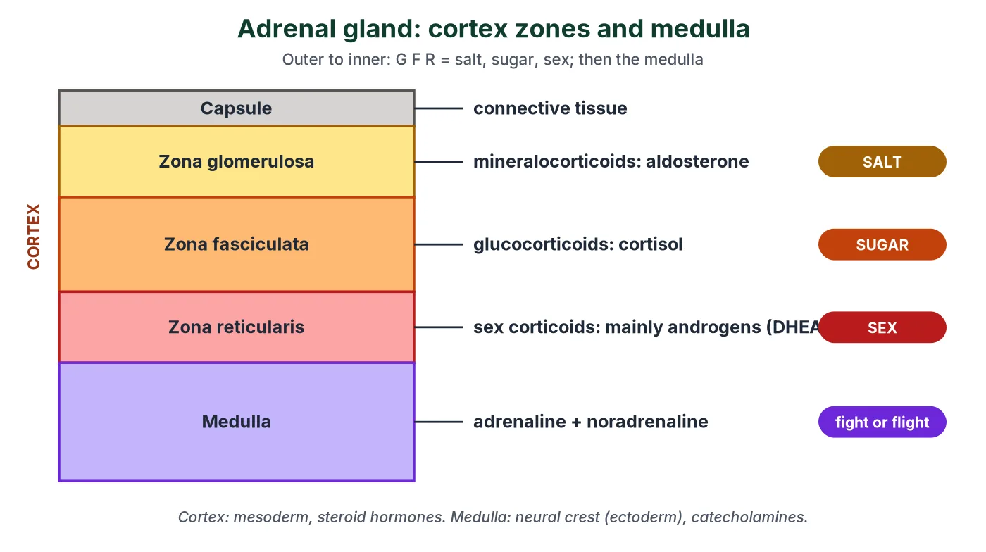Layers of the adrenal gland from outside in: capsule, zona glomerulosa (aldosterone, salt), zona fasciculata (cortisol, sugar), zona reticularis (androgens, sex) and medulla (adrenaline and noradrenaline)