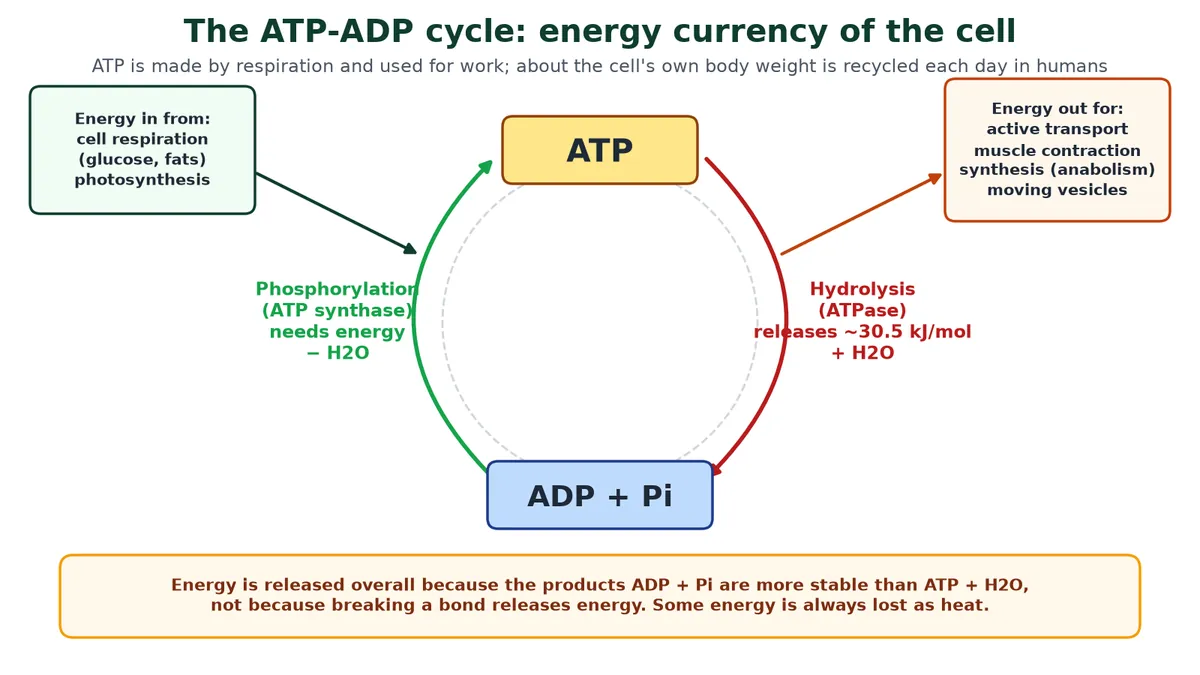 ATP biomolecules diagram of the ATP-ADP cycle: cell respiration and photosynthesis supply energy to phosphorylate ADP into ATP by ATP synthase, and ATP hydrolysis releases energy for active transport, muscle contraction and synthesis