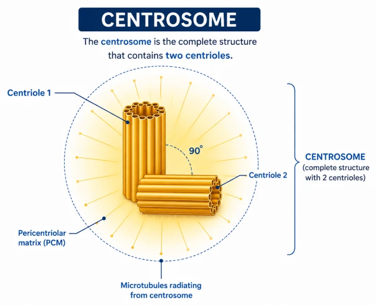 Cell cycle: centrosome with two centrioles at 90 degrees in the pericentriolar matrix and microtubules radiating outwards