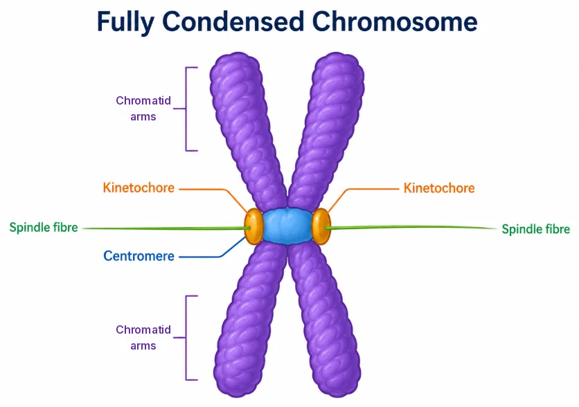Cell cycle: fully condensed metaphase chromosome labelled with centromere, two kinetochores, spindle fibres and chromatid arms