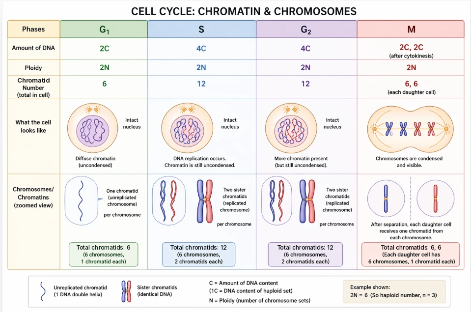 Cell cycle: table for a cell with 2n equals 6 showing DNA amount 2C to 4C, ploidy 2N and chromatid number 6 to 12 in G1, S, G2 and M