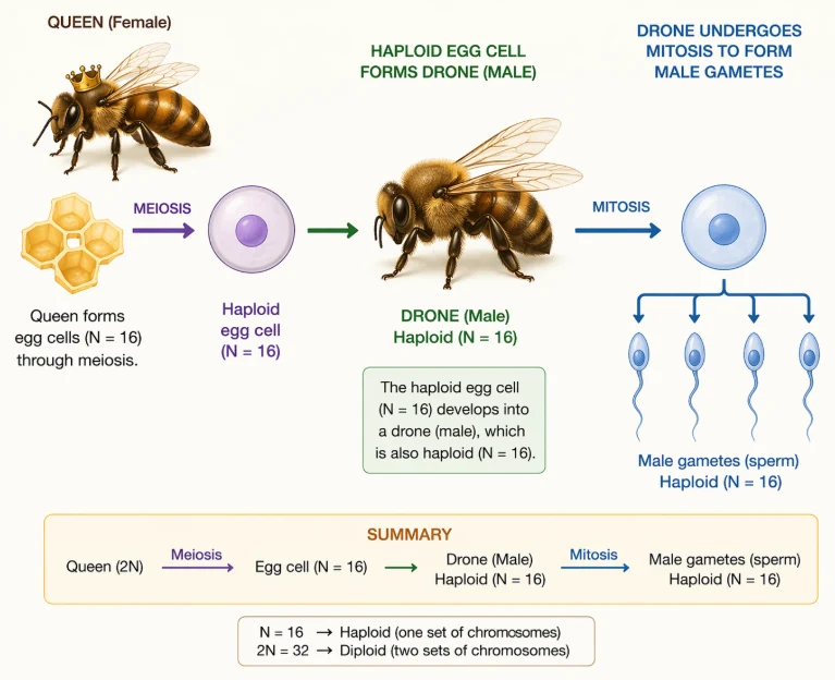 Cell cycle: honey bee life cycle with diploid queen making haploid eggs by meiosis and a haploid drone forming sperm by mitosis