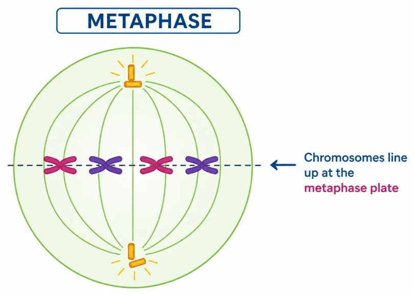 Cell cycle: metaphase cell with four chromosomes lined up at the metaphase plate between two spindle poles