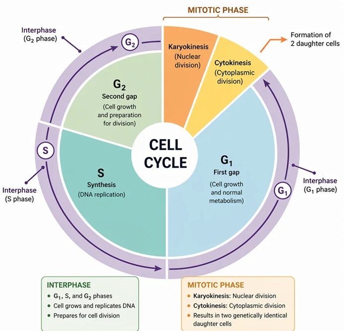 Cell cycle: circular diagram of the cell cycle showing interphase G1, S and G2 and the mitotic phase with karyokinesis and cytokinesis
