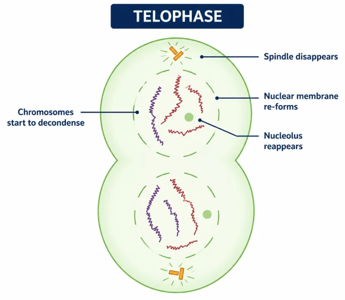 Cell cycle: telophase cell with two forming nuclei, decondensing chromosomes, reappearing nucleoli and the cell pinching in the middle