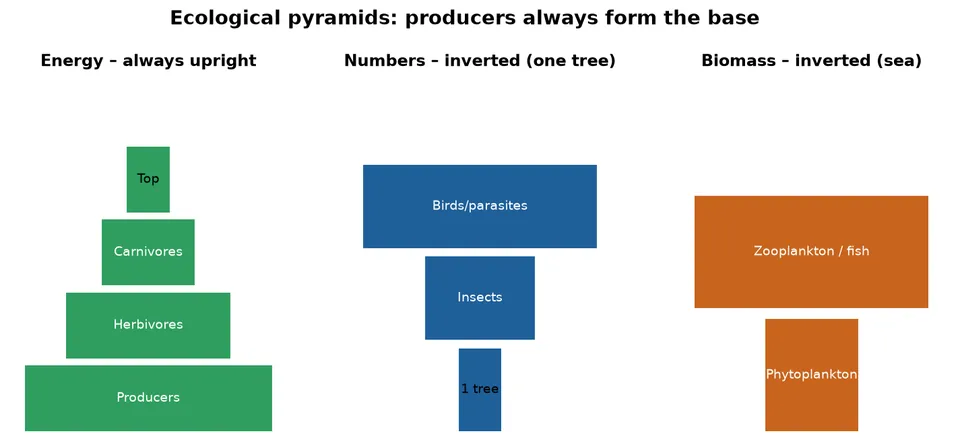 Three ecological pyramids: upright energy pyramid, inverted number pyramid of a tree, inverted biomass pyramid in sea