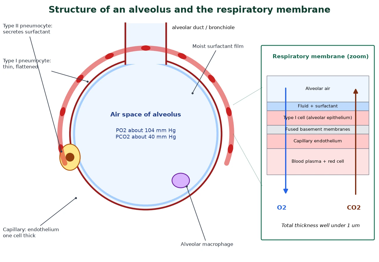 Gas exchange IB Biology labelled alveolus with type I and type II pneumocytes, surfactant, capillary and the layers of the respiratory membrane