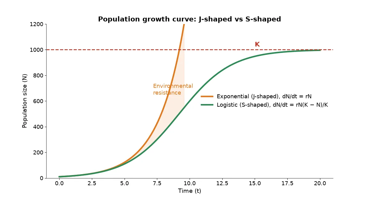 Comparison of J-shaped exponential and S-shaped logistic population growth curve with carrying capacity K