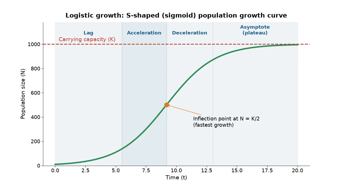 S-shaped logistic population growth curve showing lag, acceleration, deceleration and asymptote phases with carrying capacity K