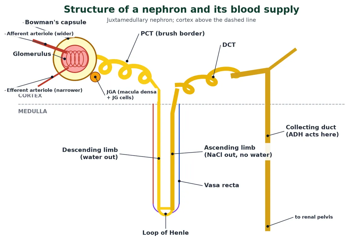 Structure of a juxtamedullary nephron: Bowman's capsule around the glomerulus with a wide afferent and narrow efferent arteriole, proximal convoluted tubule, descending and ascending limbs of the loop of Henle dipping into the medulla, distal convoluted tubule, collecting duct and the vasa recta beside the loop