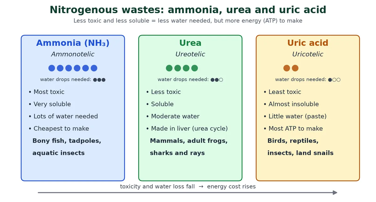 Comparison of nitrogenous wastes: ammonia is most toxic and very soluble and needs lots of water, urea is less toxic and moderately soluble, uric acid is least toxic, almost insoluble and needs little water but most energy to make, with example animals