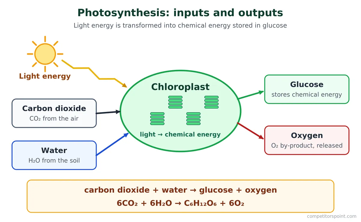 Photosynthesis inputs and outputs: light, carbon dioxide and water go into the chloroplast, glucose and oxygen come out