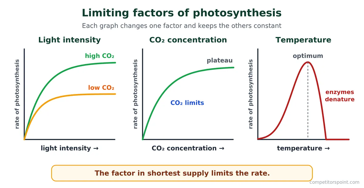 Limiting factors of photosynthesis: graphs of rate against light intensity, carbon dioxide concentration and temperature
