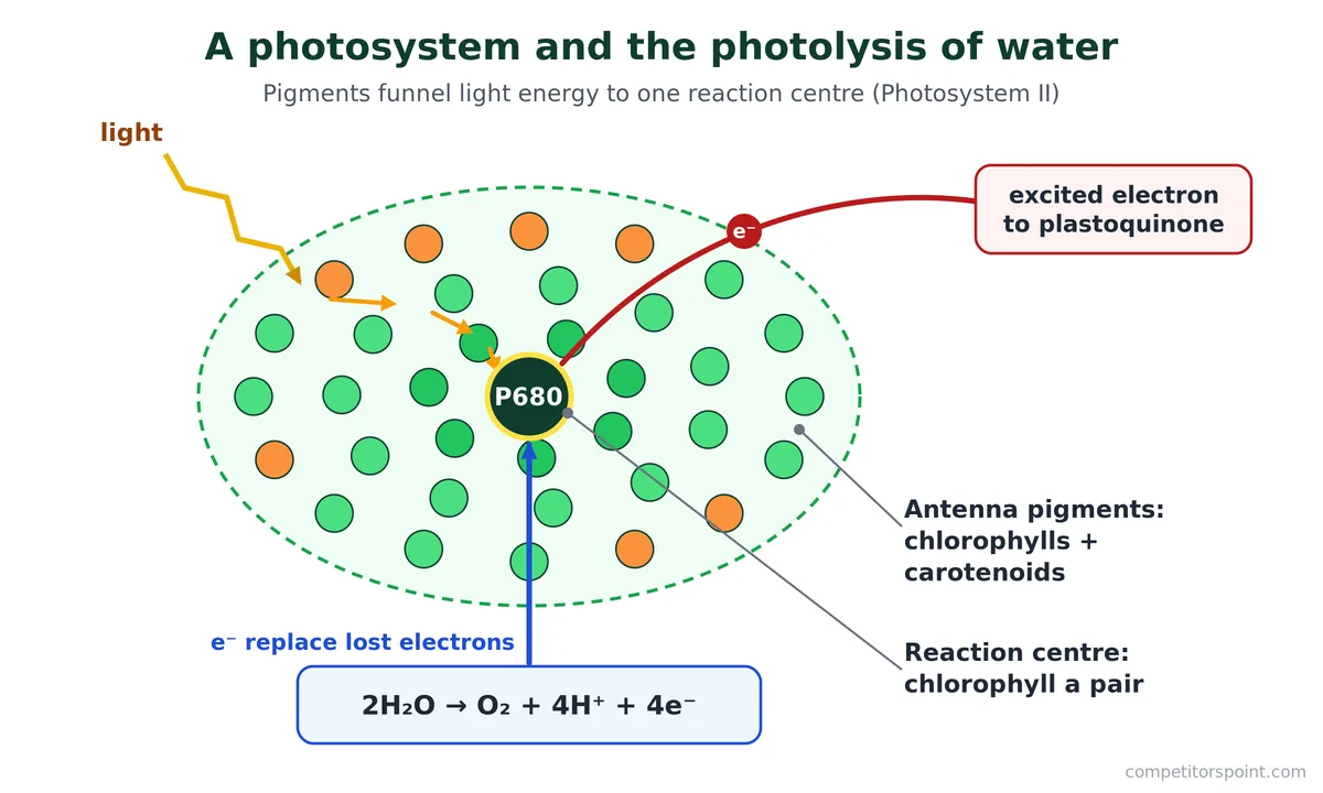Photosystem II in photosynthesis: antenna pigments pass light energy to P680, which loses an excited electron replaced by photolysis of water