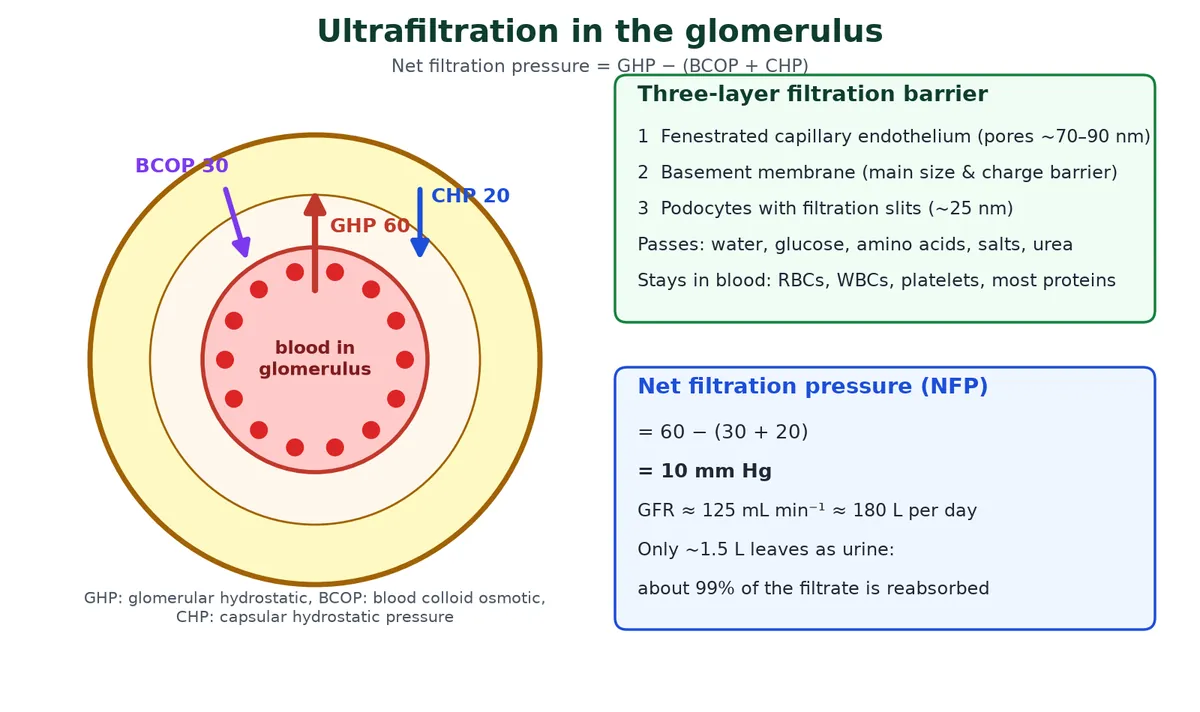 Ultrafiltration in the glomerulus: glomerular hydrostatic pressure of 60 mm Hg pushes fluid out while blood colloid osmotic pressure of 30 and capsular hydrostatic pressure of 20 push back, giving a net filtration pressure of 10 mm Hg, with the three layers of the filtration barrier