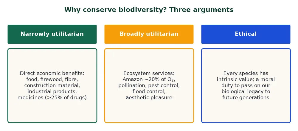 Why conserve biodiversity: narrowly utilitarian, broadly utilitarian and ethical arguments